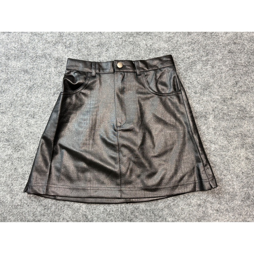 Vintage Y2K Arjun Black Faux Leather A Line Mini Skirt Size 24‎ XS NEW